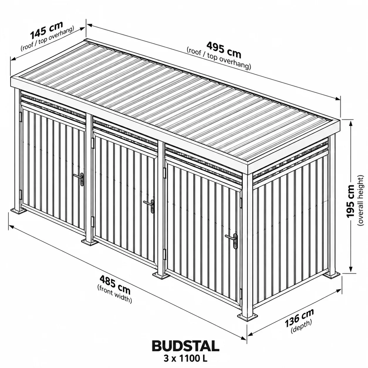 Rysunek techniczny wiaty BUDSTAL 3x1100 z trzema niezależnymi boksami