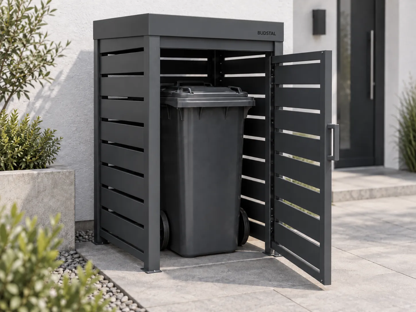 Wiata na pojemnik 120 l BUDSTAL RAL 7016 z otwartymi drzwiami