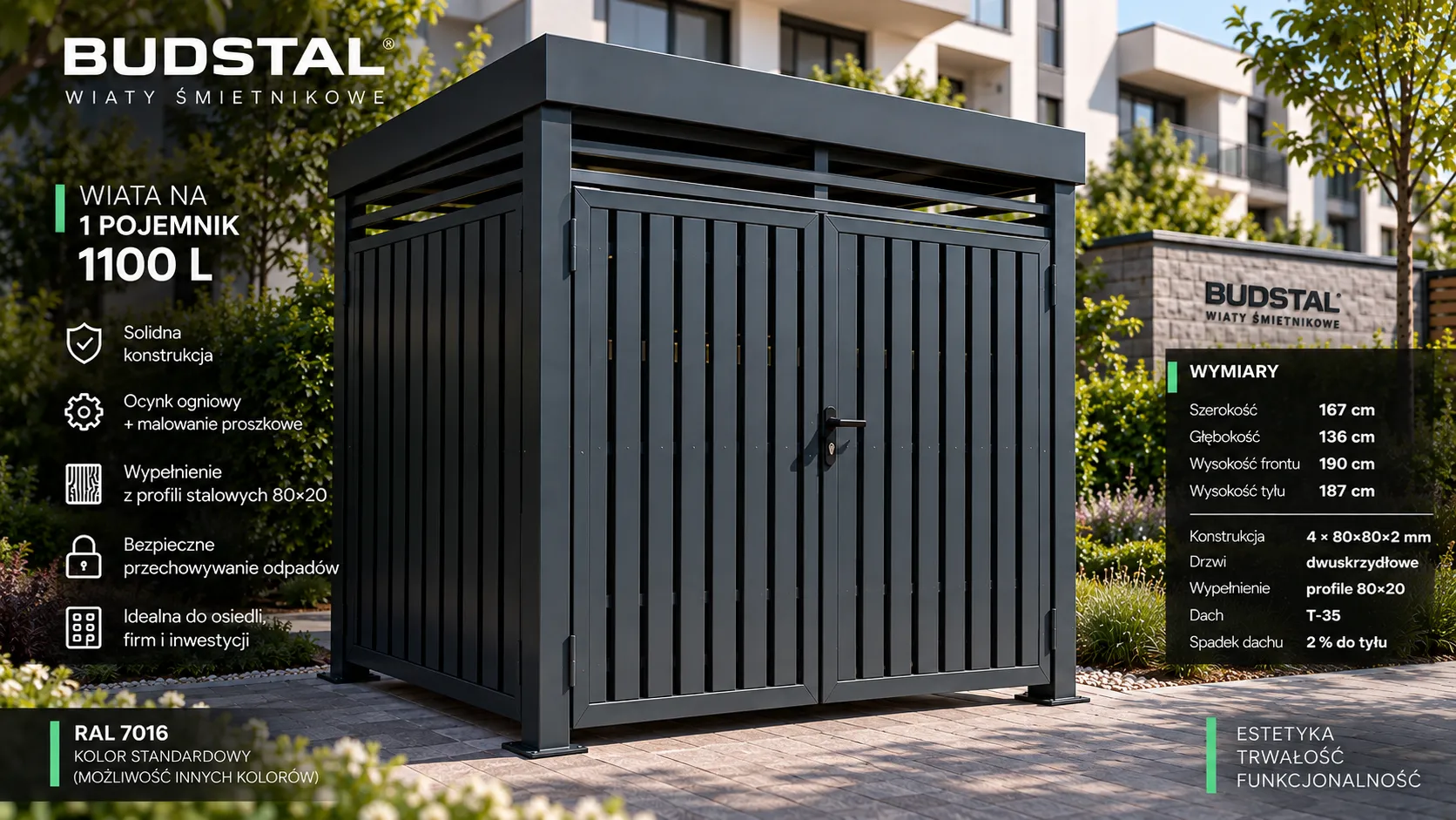 Wiata śmietnikowa BUDSTAL 1x1100 z profilami stalowymi 80x20